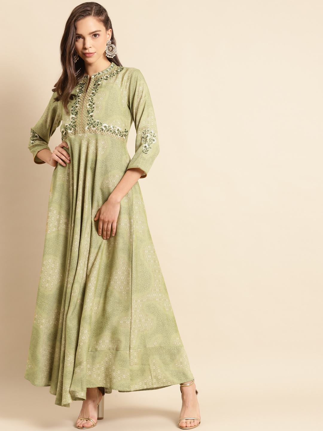 

RANGMAYEE Green & Beige Floral Embroidered Liva Ethnic Maxi Dress