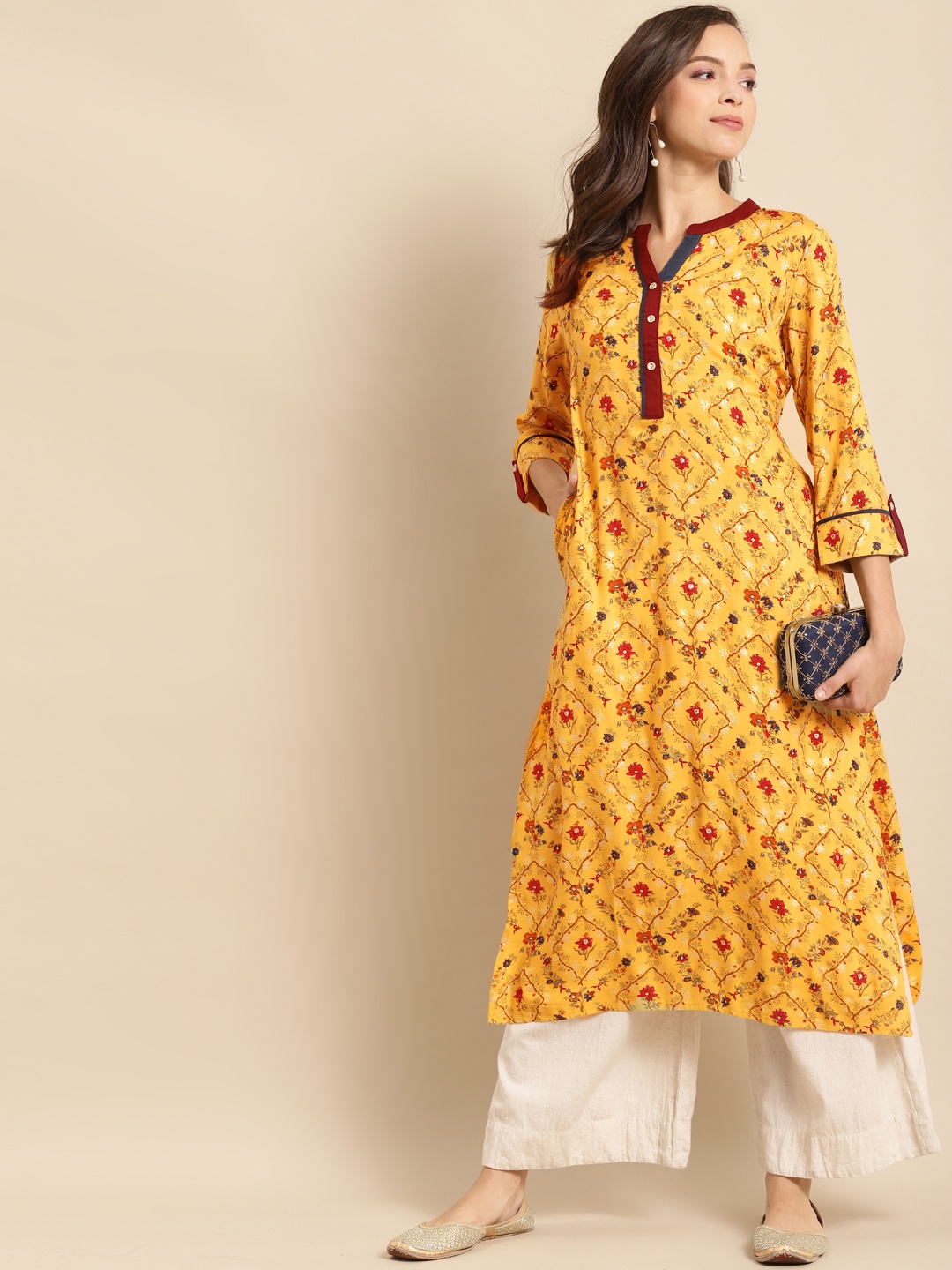 

RANGMAYEE Women Yellow & Red Floral Printed Floral Liva Kurta