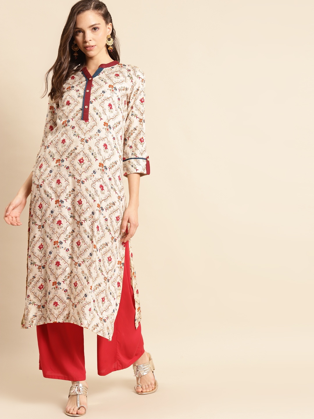 

RANGMAYEE Women Off White & Red Floral Printed Floral Liva Kurta