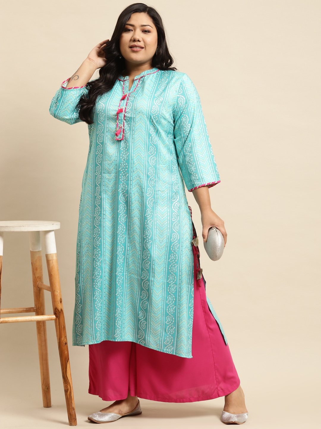 

RANGMAYEE Women Turquoise Blue & White Bandhani Printed Liva Kurta
