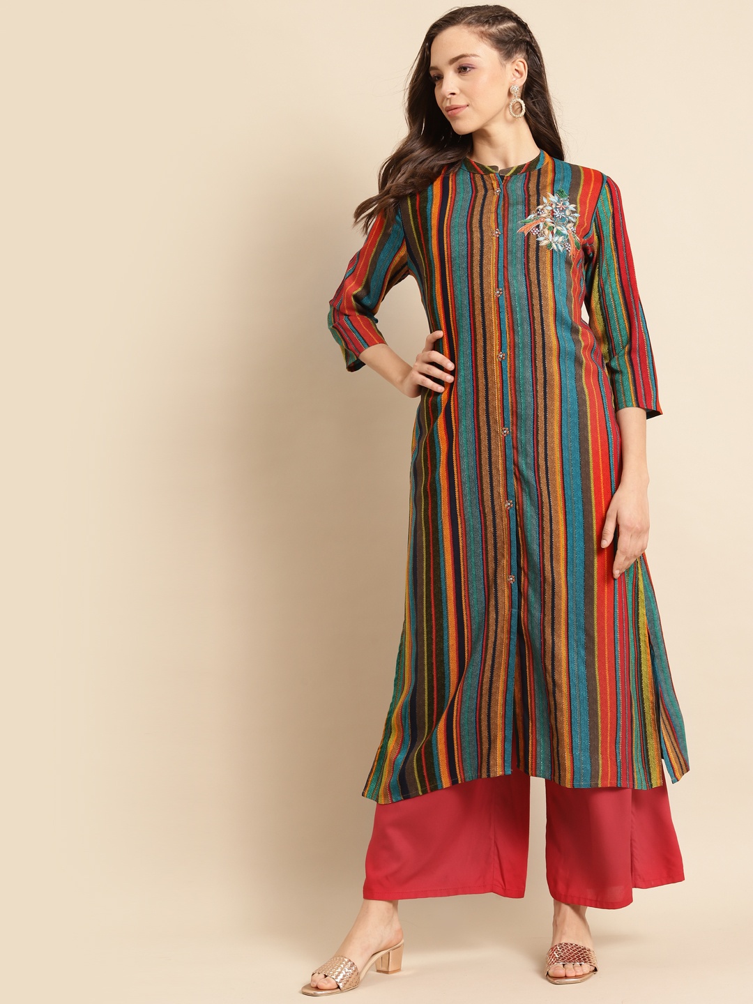 

RANGMAYEE Women Turquoise Blue & Red Printed Liva Kurta