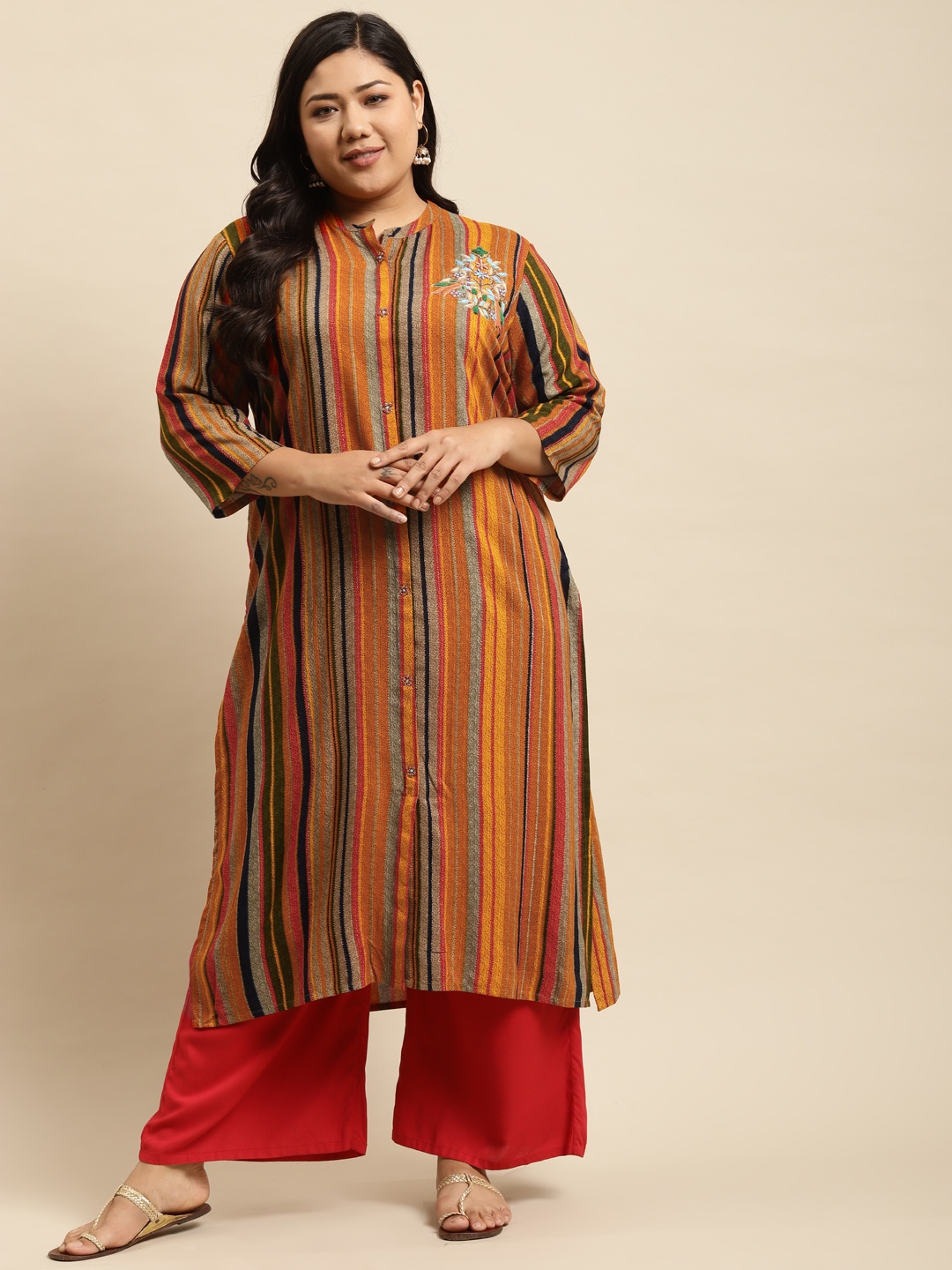 

RANGMAYEE Women Red & Orange Striped Liva Kurta
