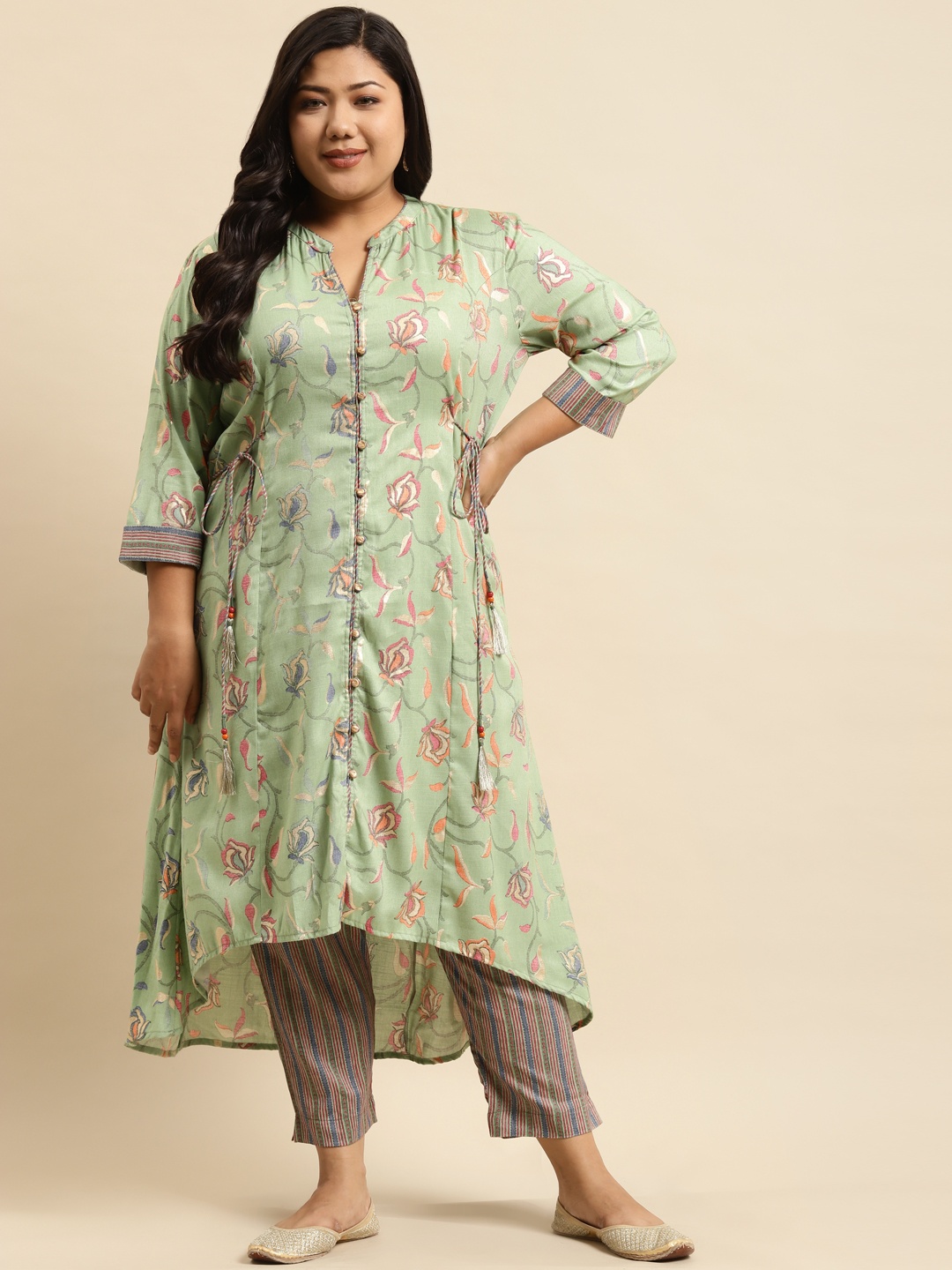 

RANGMAYEE Women Green Floral Printed Regular Liva Kurta with Trousers