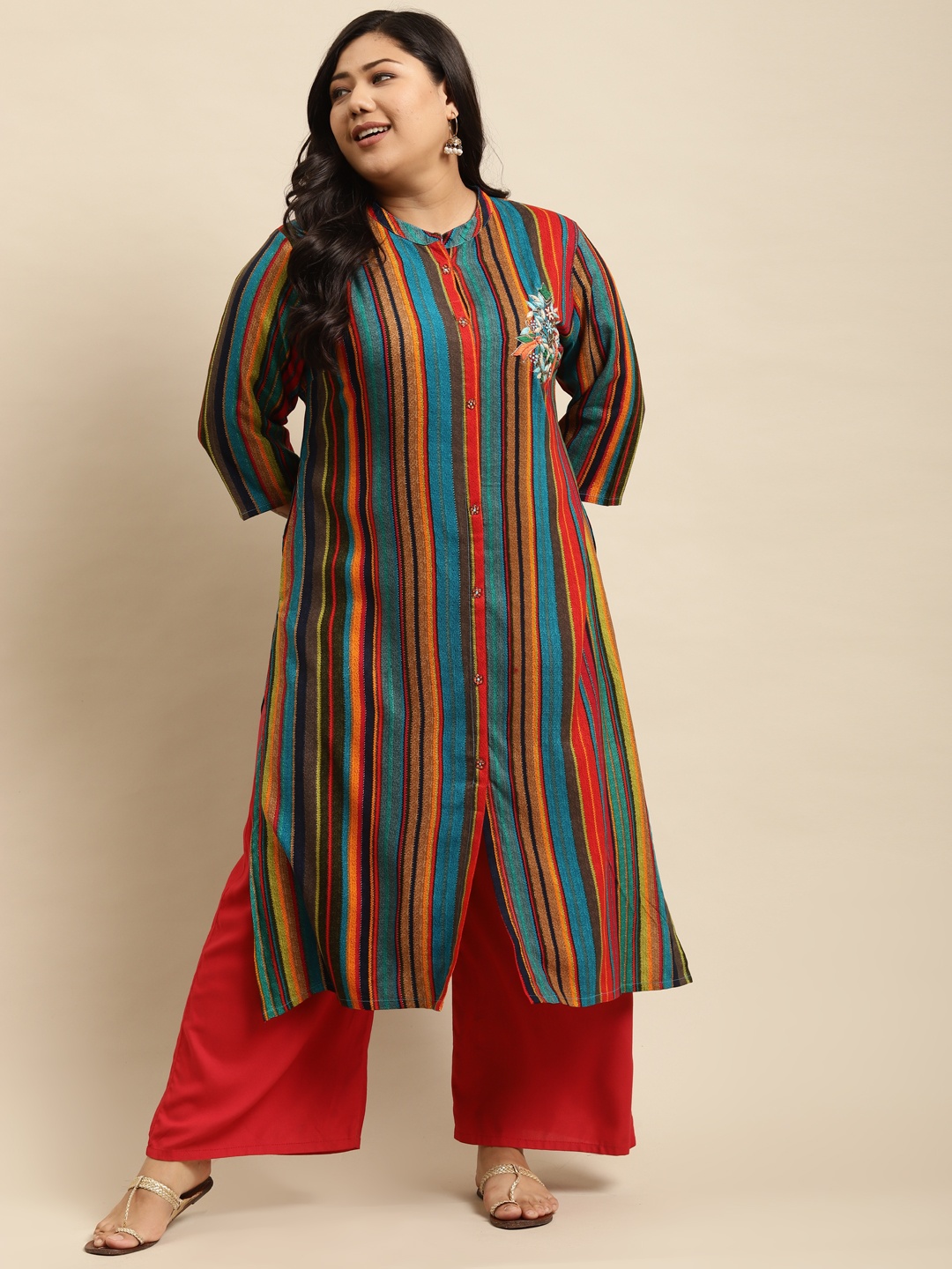 

RANGMAYEE Women Turquoise Blue & Red Striped Liva Kurta