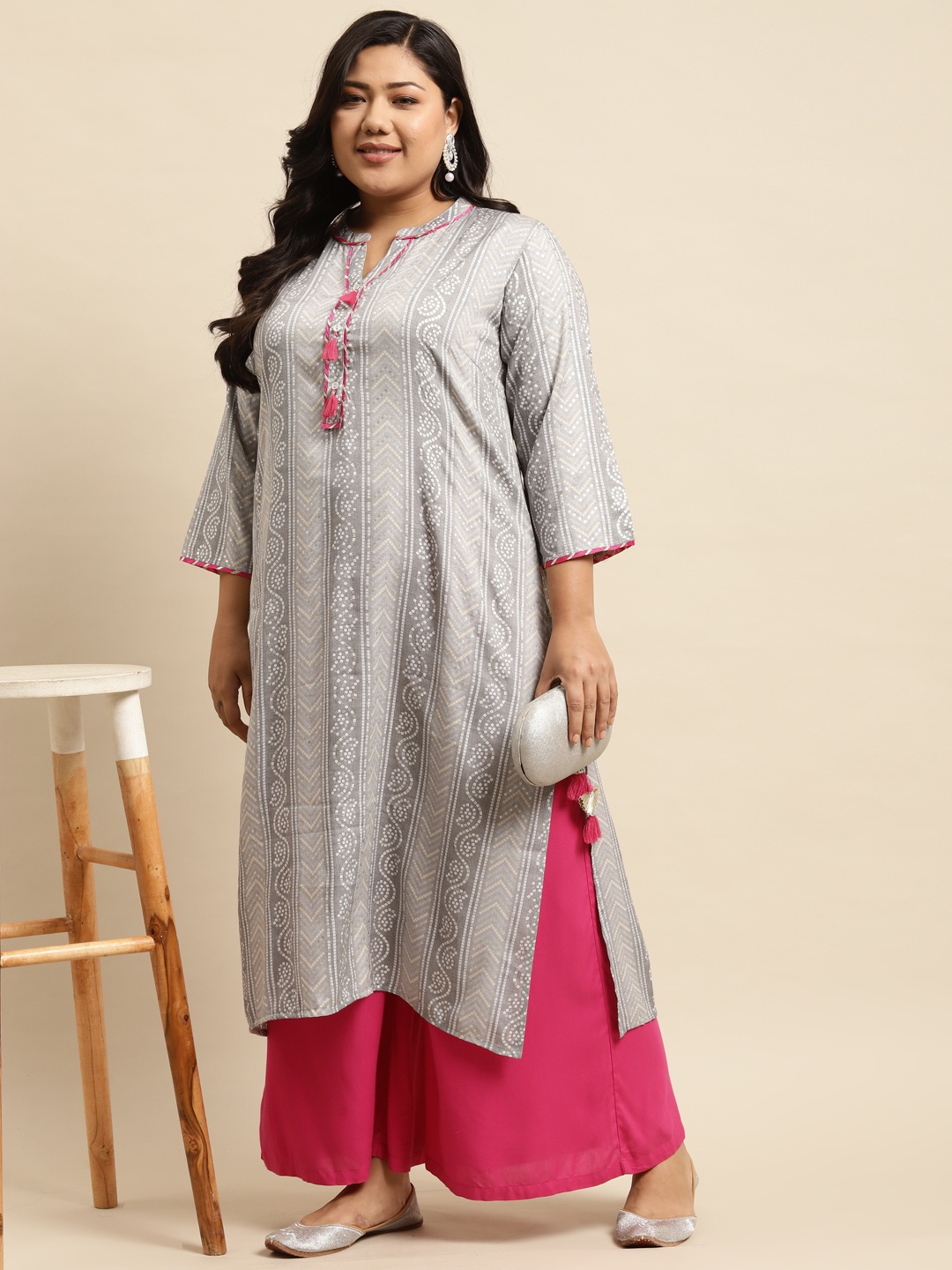 

RANGMAYEE Women Grey & White Bandhani Printed Indie Prints Liva Kurta