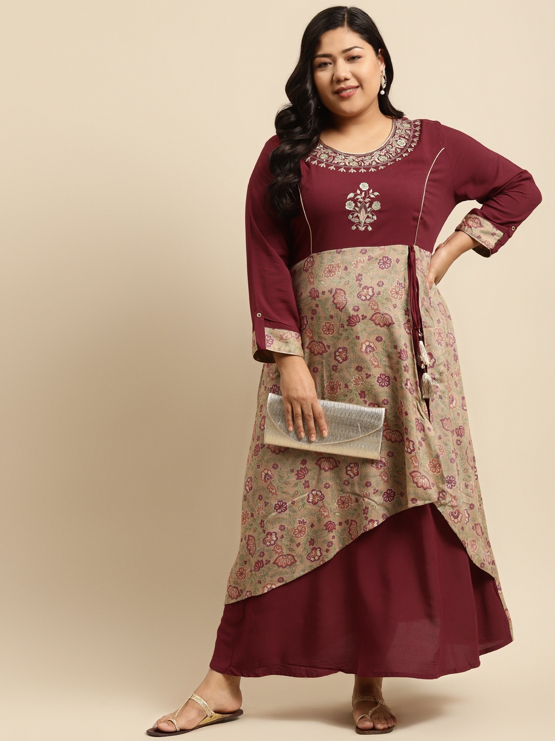 

RANGMAYEE Maroon & Beige Floral Embroidered Liva Ethnic Maxi Dress