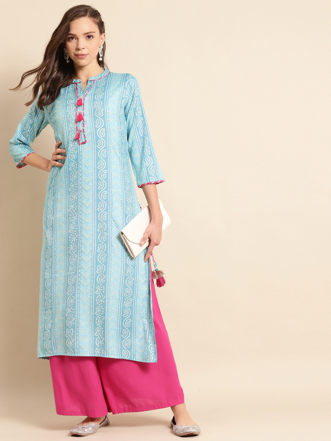 

RANGMAYEE Women Blue & Pink Bandhani Printed Liva Kurta