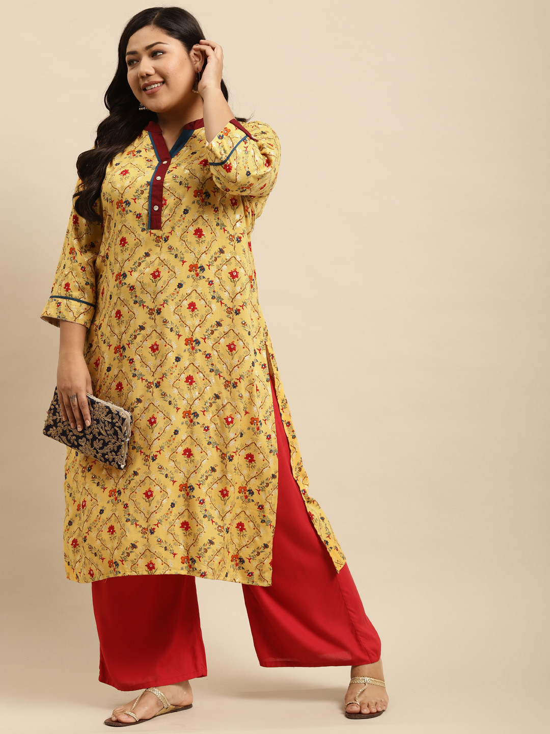 

RANGMAYEE Women Yellow & Red Floral Printed Floral Liva Kurta