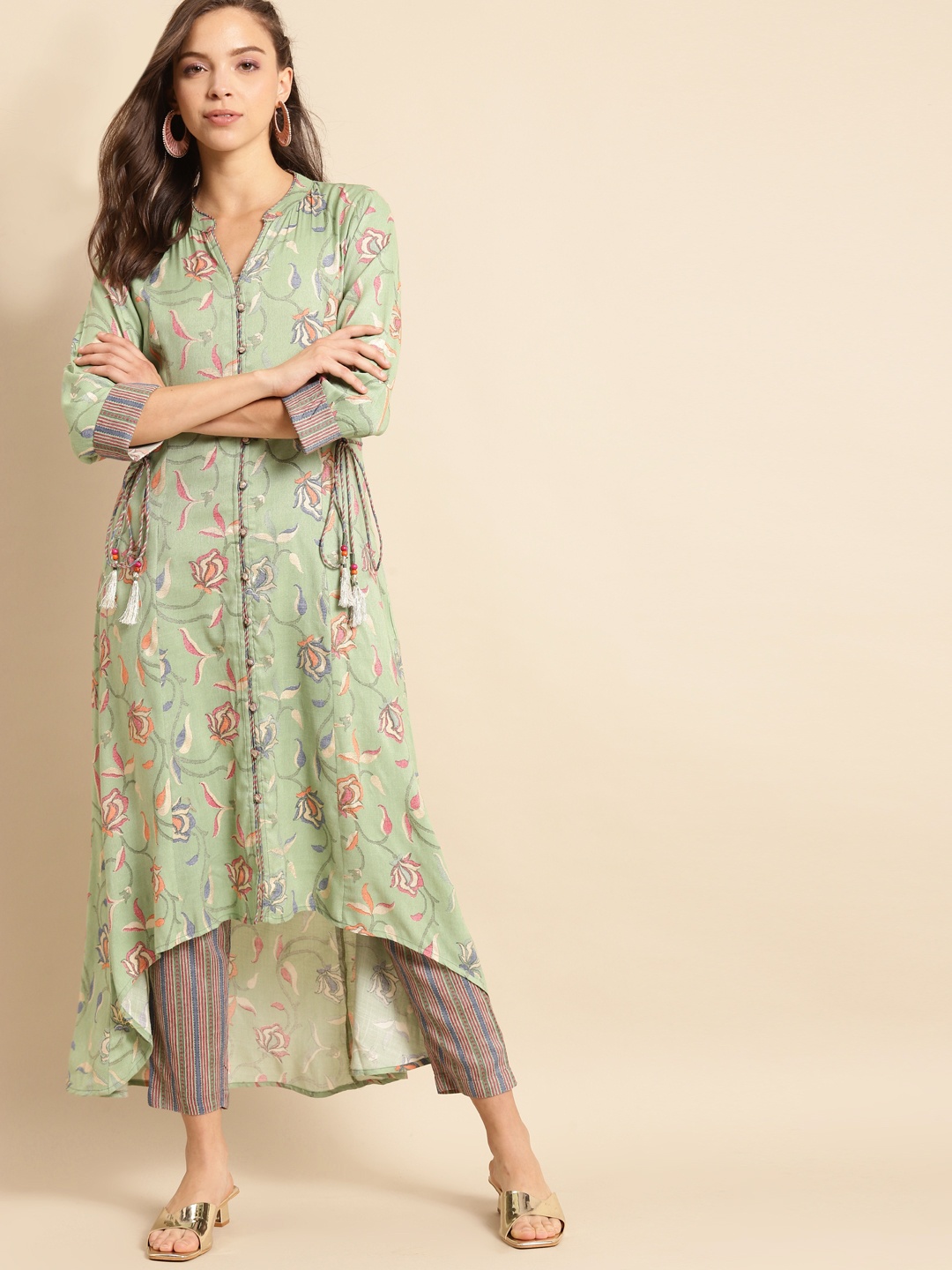 

RANGMAYEE Women Green Floral Printed Regular Liva Kurta with Trousers