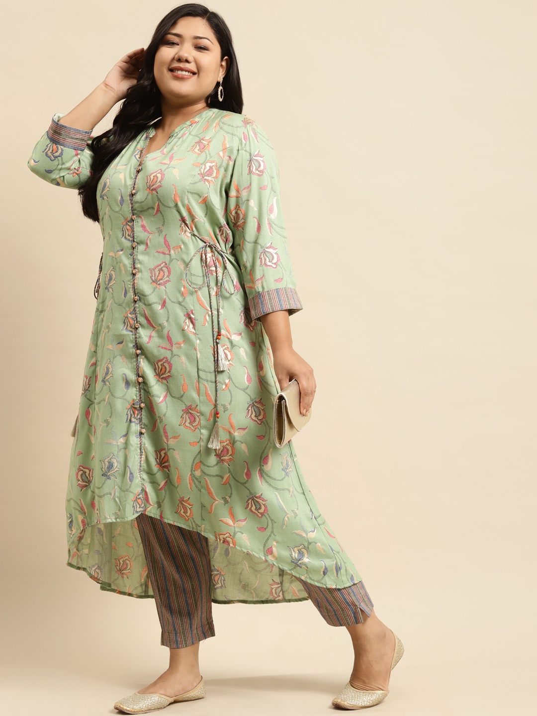 

RANGMAYEE Women Green Floral Printed Regular Liva Kurta with Palazzos