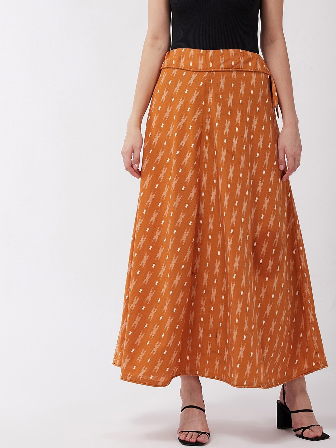 

InWeave Women Mustard Yellow & White Ikkat Printed A-Line Maxi Skirt