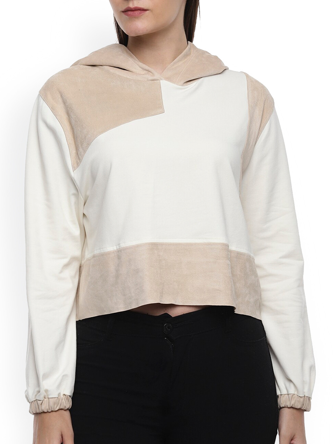 

Rinascimento Women Beige Colourblocked Hooded Cropped Sweatshirt