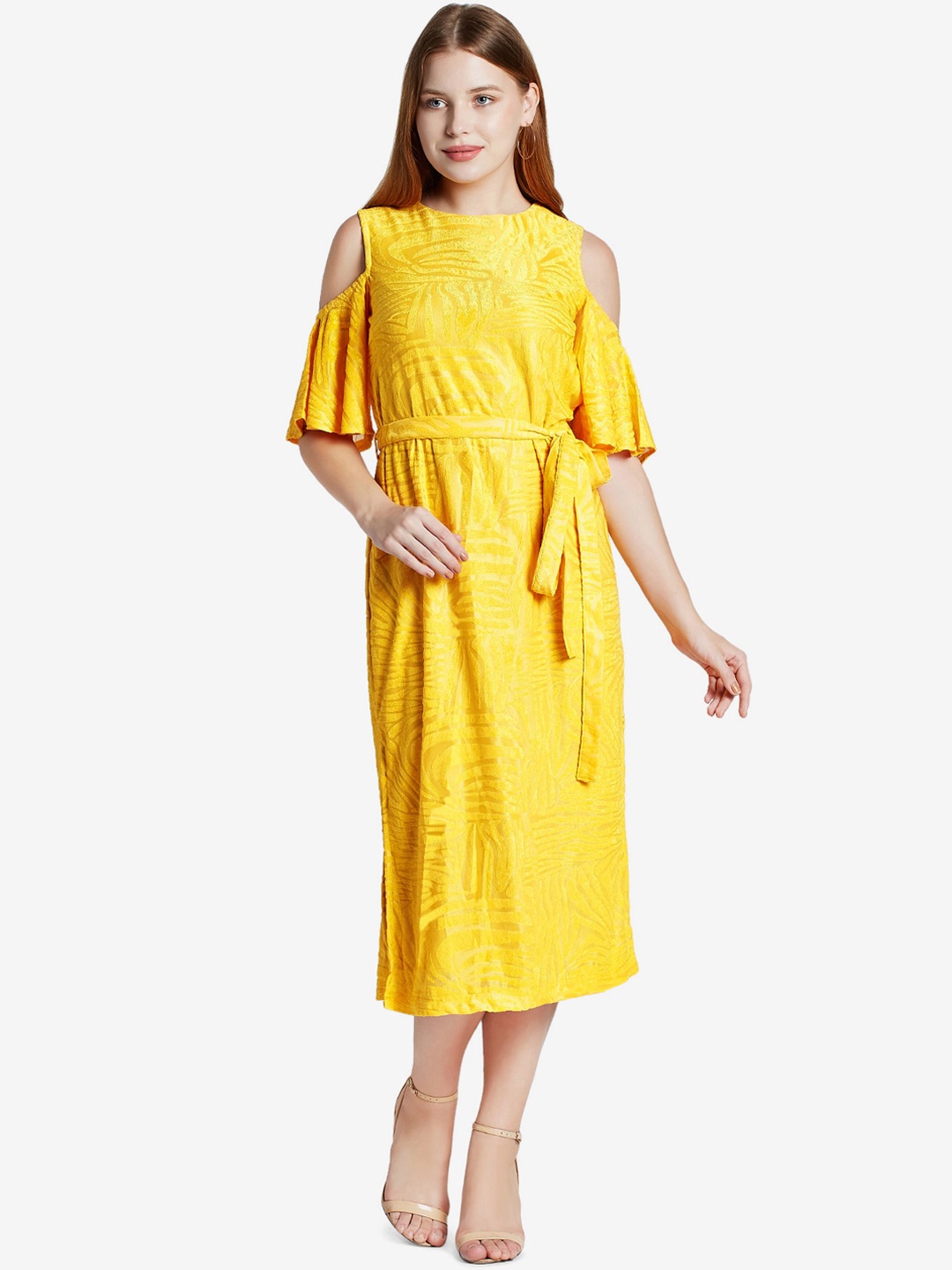 

Emmyrobe Yellow A-Line Midi Dress with Waist Tie Up