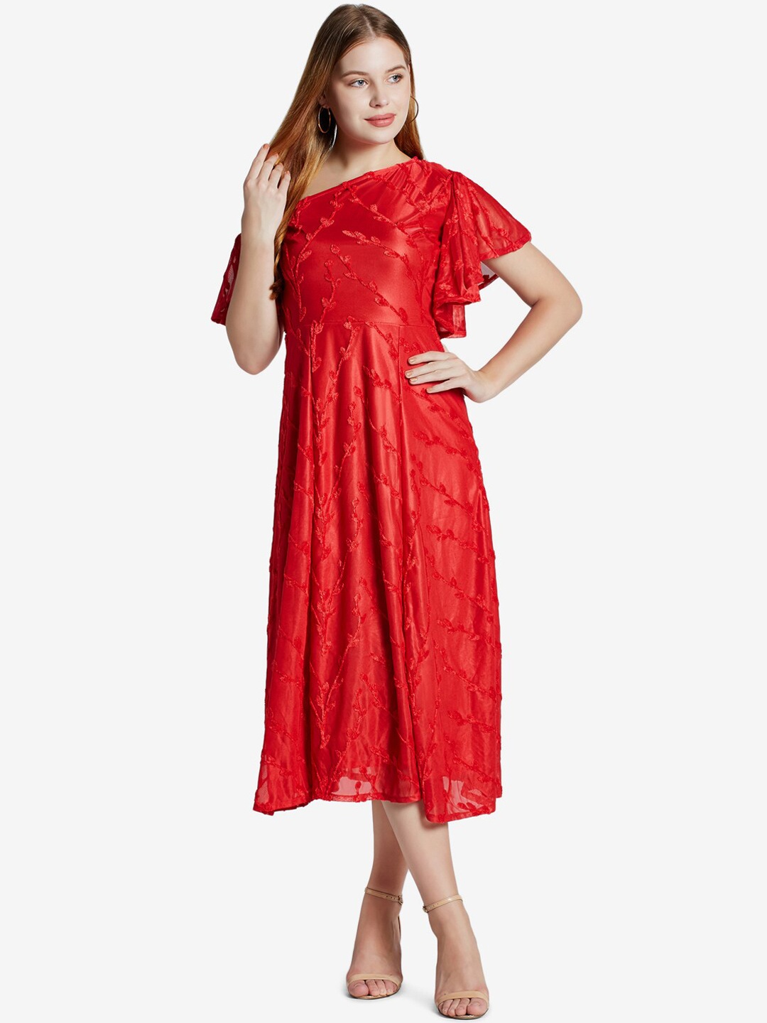 

Emmyrobe Red One Shoulder Midi Dress