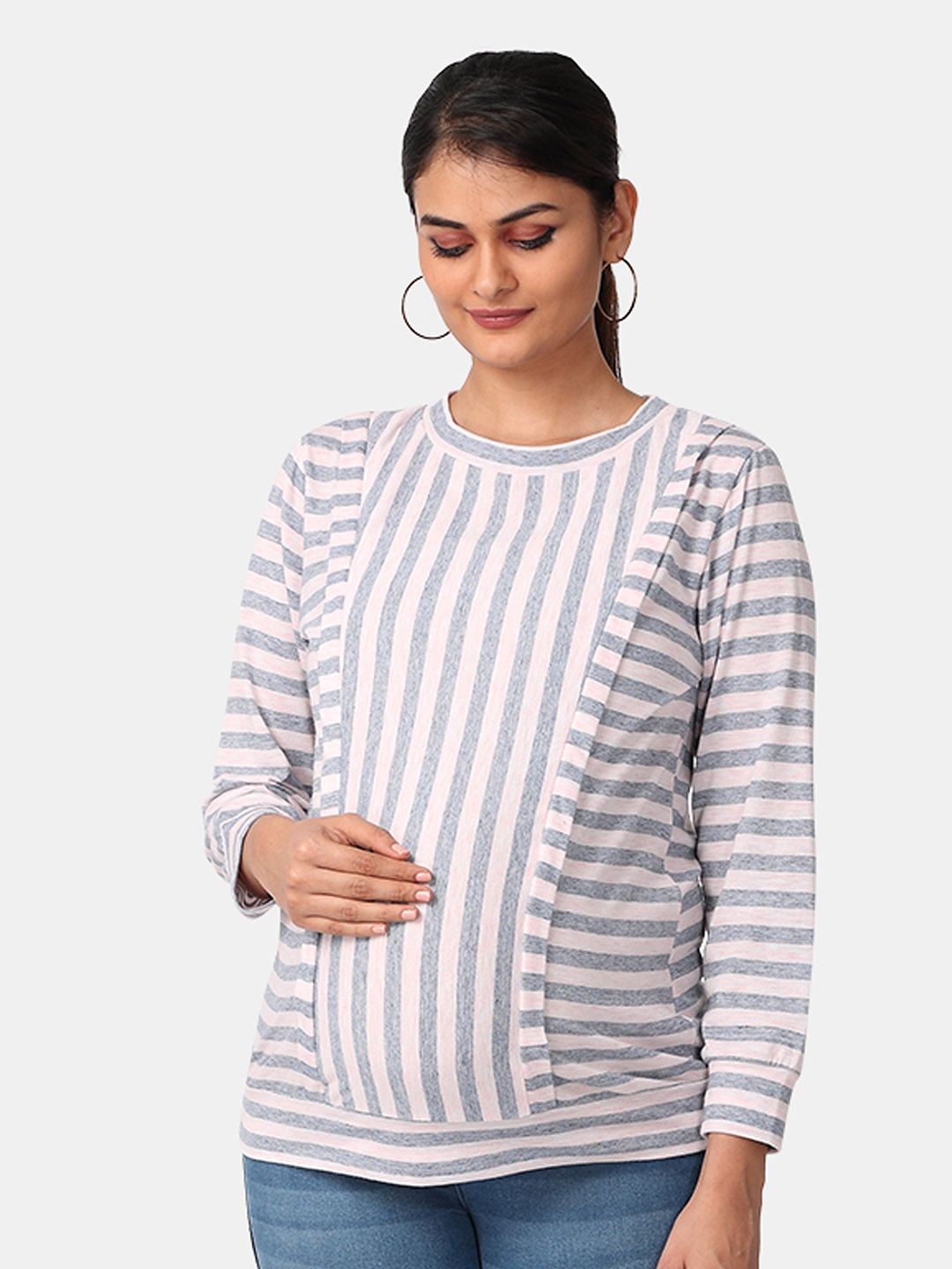 

The Mom Store Pink & Grey Striped Maternity and Nursing Top