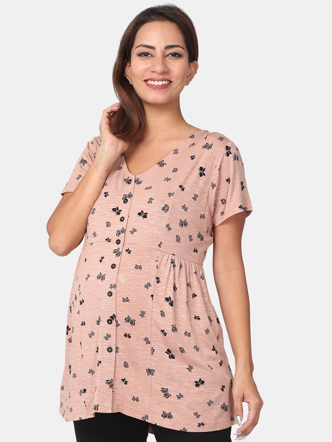 

The Mom Store Peach-Coloured & Black Printed Empire Maternity and Nursing Top