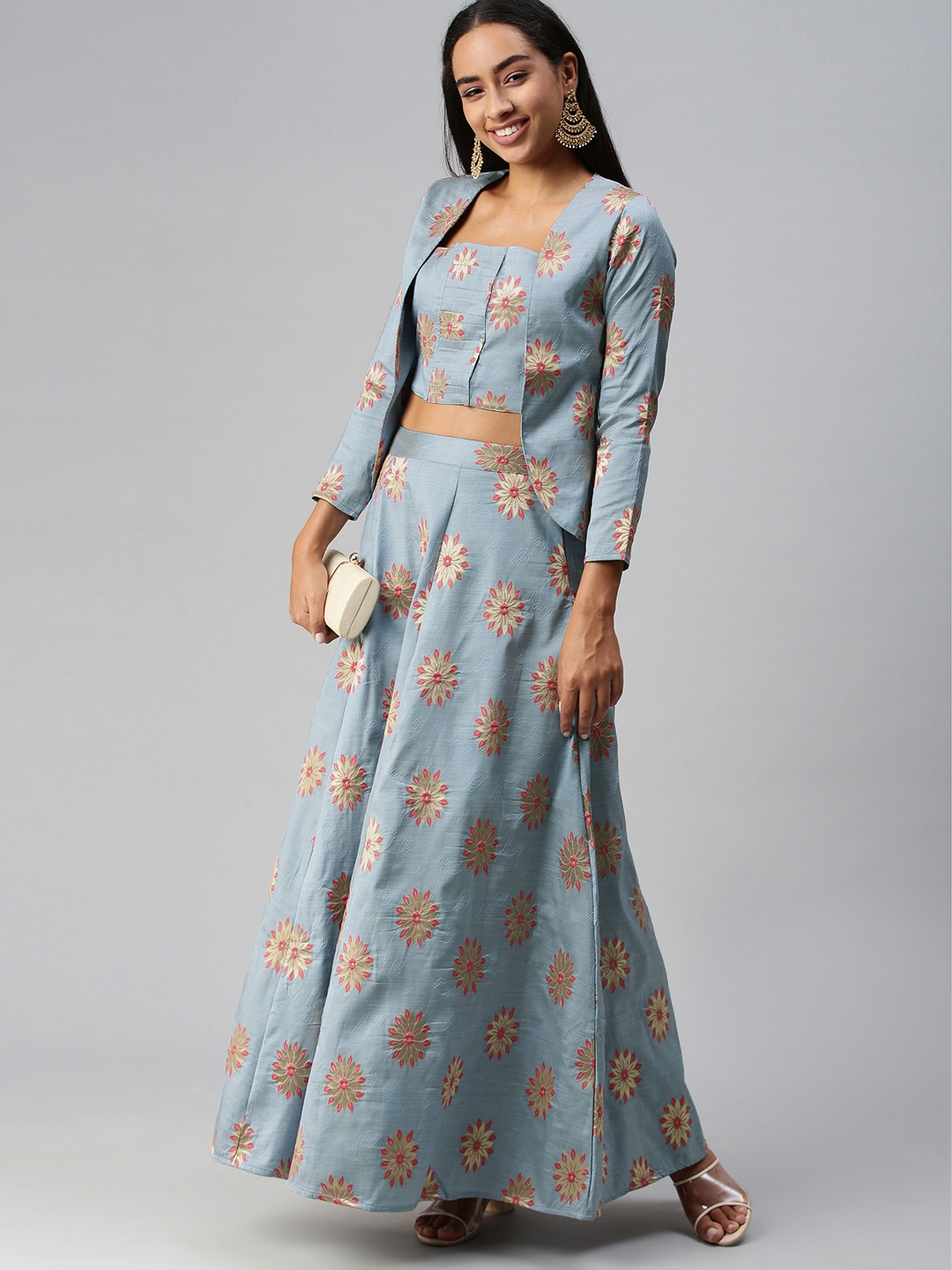 

flaher Blue Embellished Ready to Wear Jacquard Lehenga Set