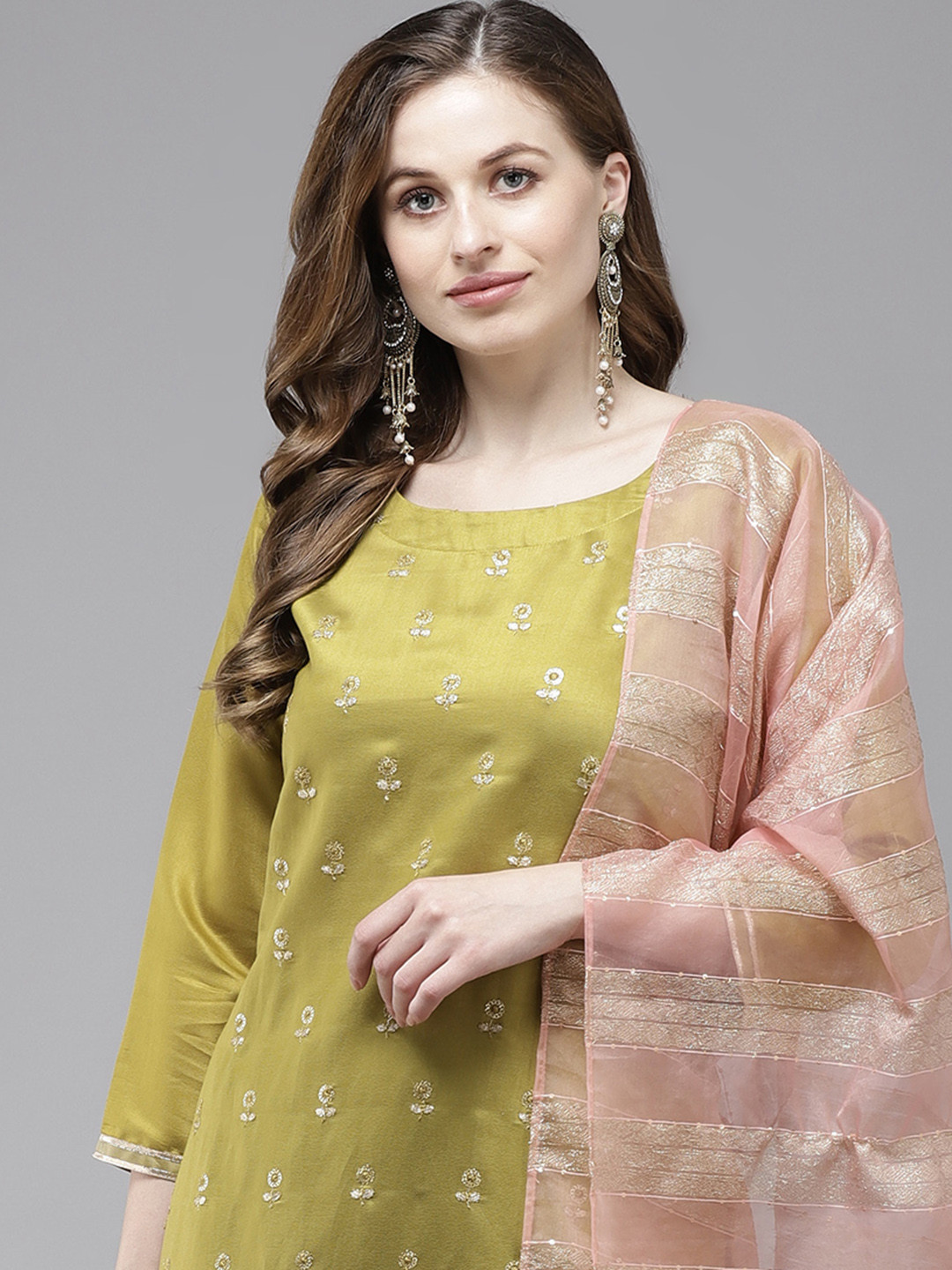 

Indo Era Women Olive Green Floral Embroidered Regular Pure Cotton Kurta with Trousers & With Dupatta