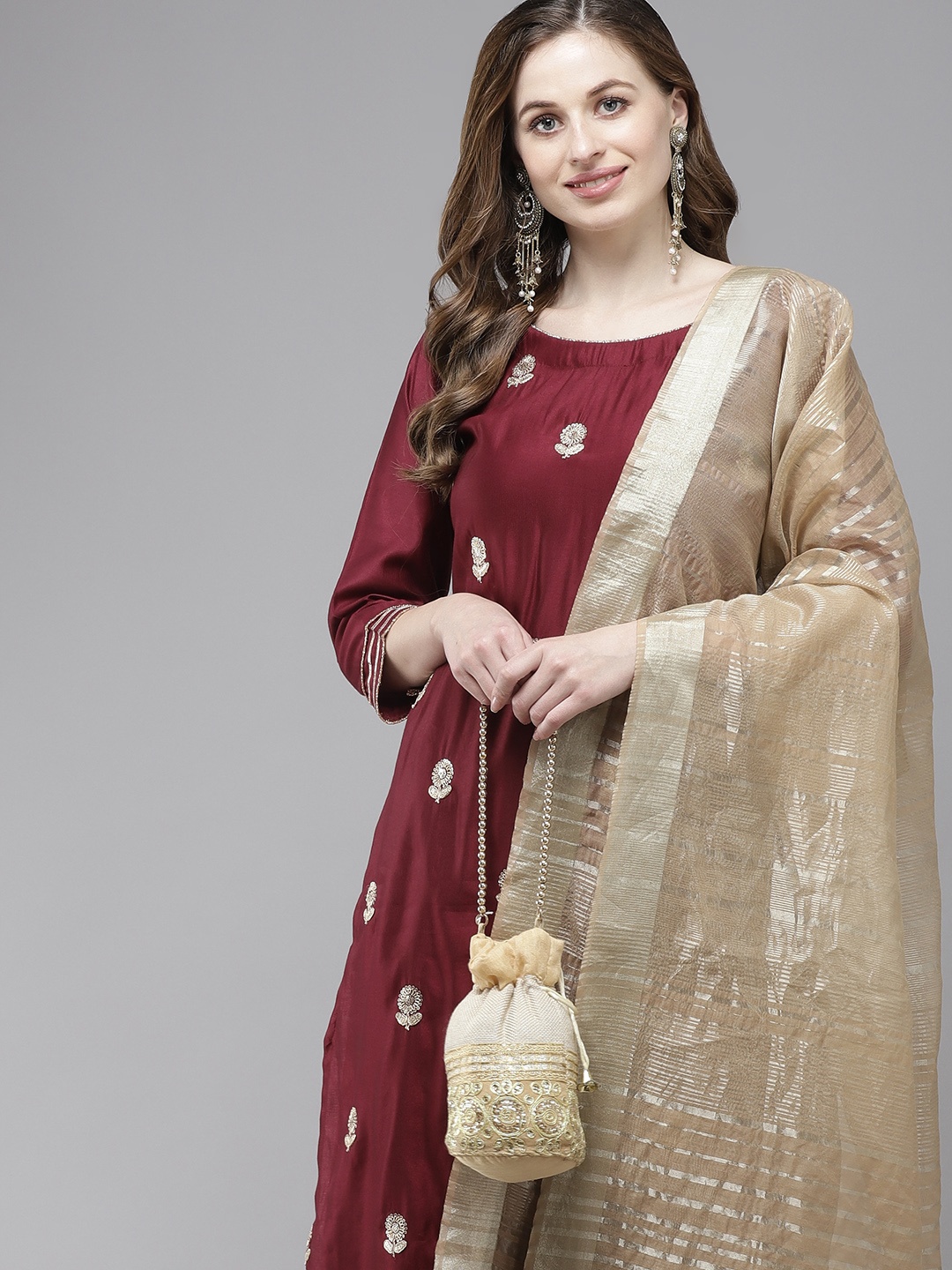 

Indo Era Women Maroon Ethnic Motifs Embroidered Regular Sequinned Liva Kurta with Trousers & With Dupatta
