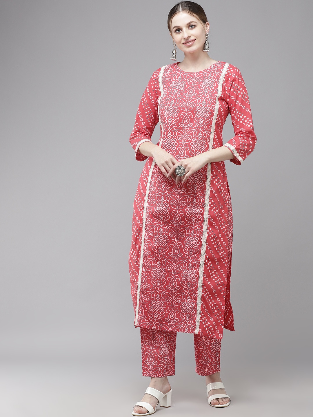 

Indo Era Women Pink Bandhani Printed Regular Pure Cotton Kurta with Palazzos