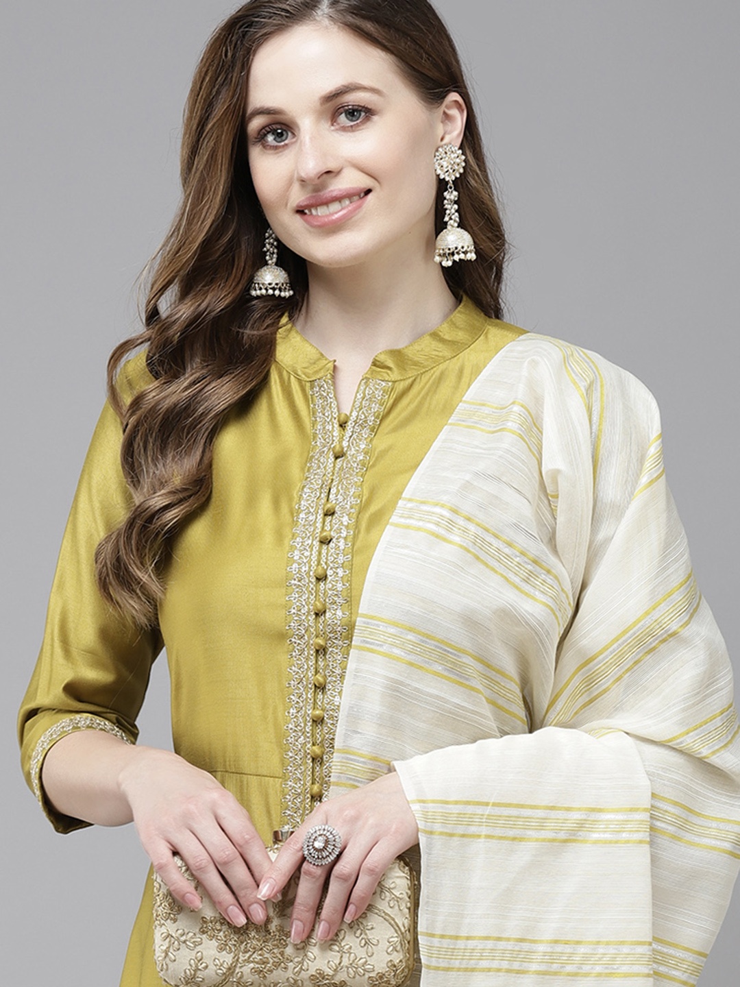 

Indo Era Women Olive Green Regular Liva Kurta with Trousers & With Dupatta