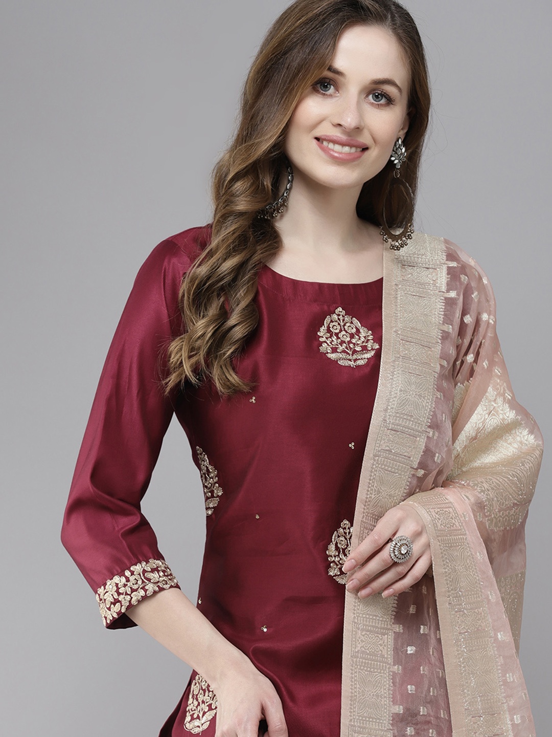 

Indo Era Women Magenta Ethnic Motifs Embroidered Regular Liva Kurta with Trousers & With Dupatta