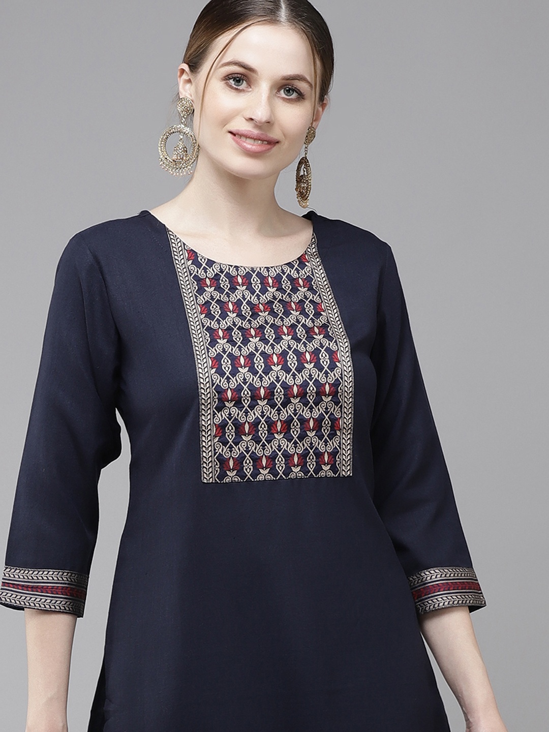 

Indo Era Women Navy Blue Yoke Design Regular Pure Cotton Kurta with Palazzos