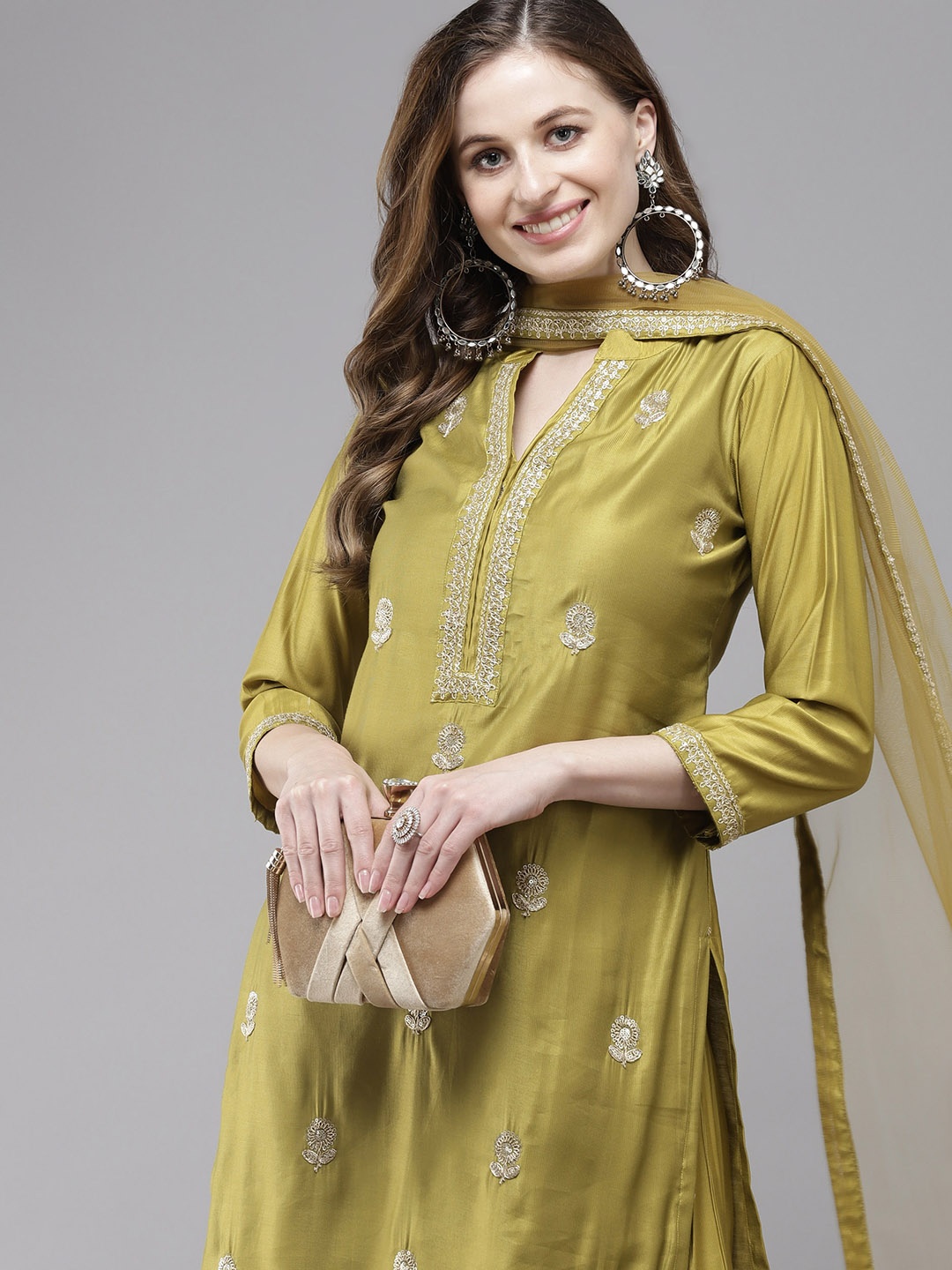 

Indo Era Women Olive Green Embroidered Regular Sequinned Liva Kurta with Trousers & With Dupatta