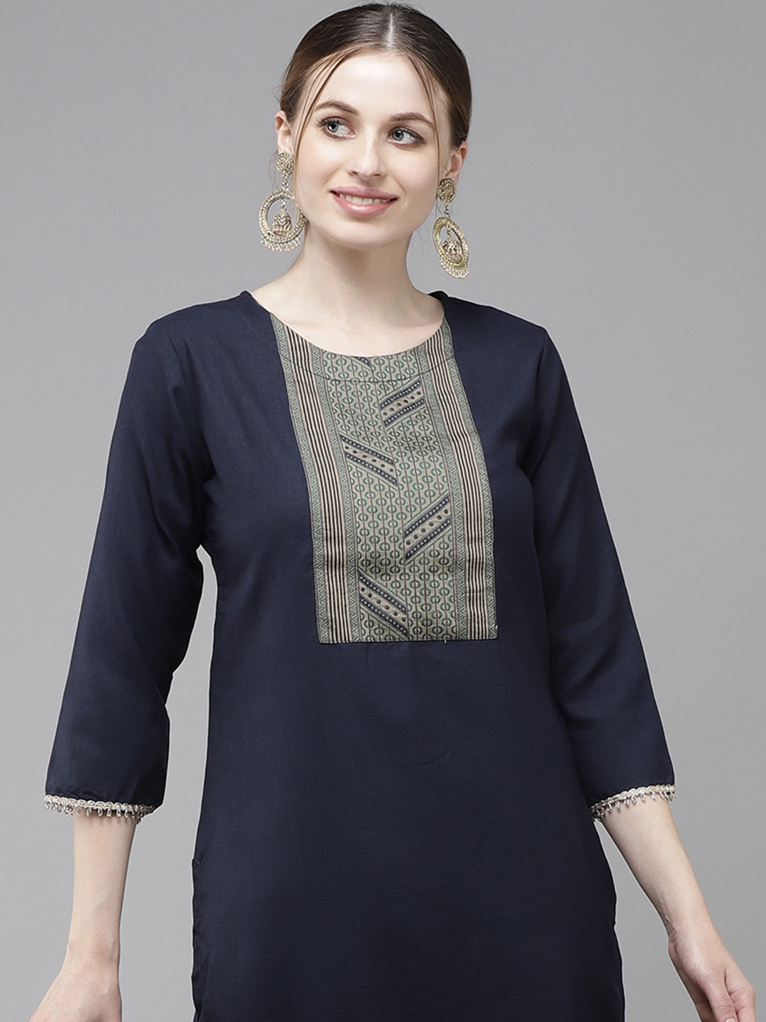 

Indo Era Women Navy Blue Yoke Design Regular Pure Cotton Kurta with Palazzos