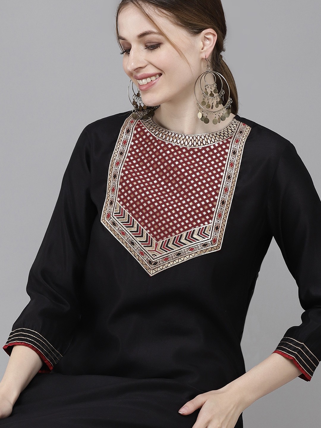 

Indo Era Women Black Ethnic Motifs Yoke Design Regular Liva Kurta with Palazzos