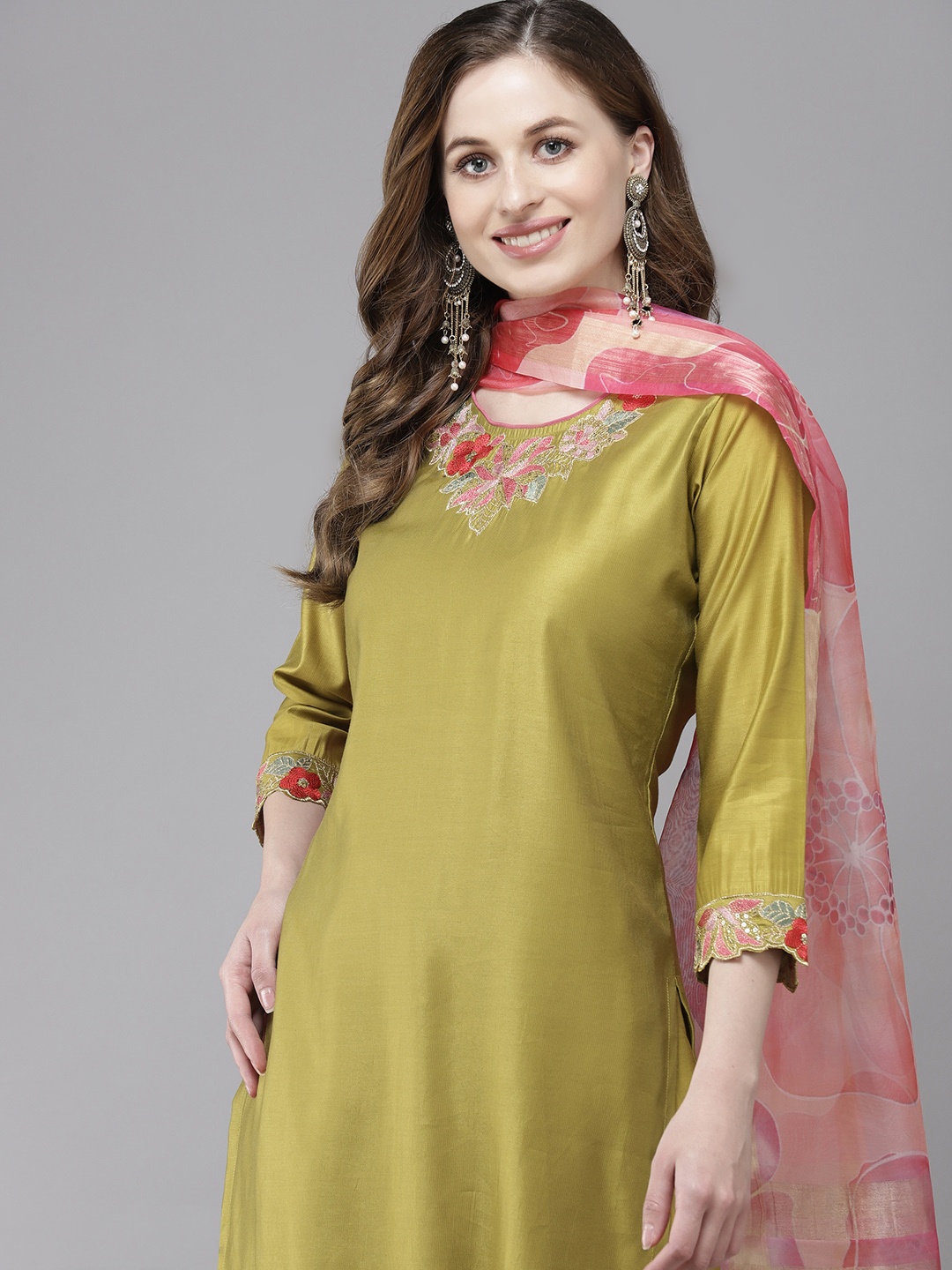 

Indo Era Women Olive Green Floral Embroidered Regular Sequinned Liva Kurta with Palazzos & With Dupatta