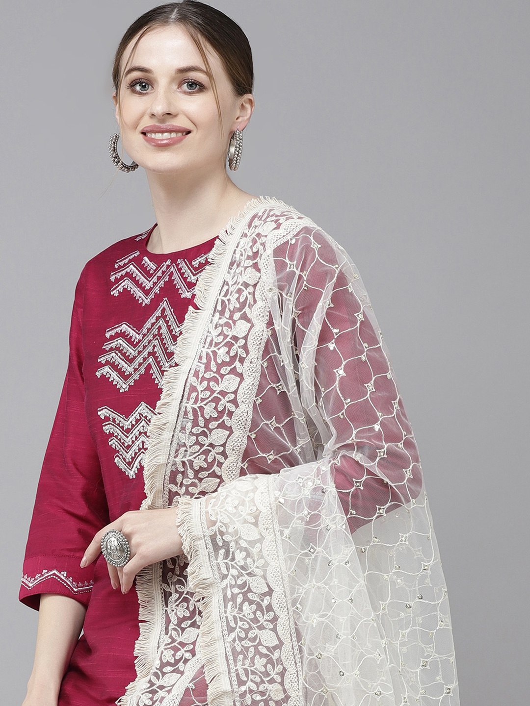 

Indo Era Women Pink Embroidered Regular Chanderi Silk Kurta with Trousers & With Dupatta