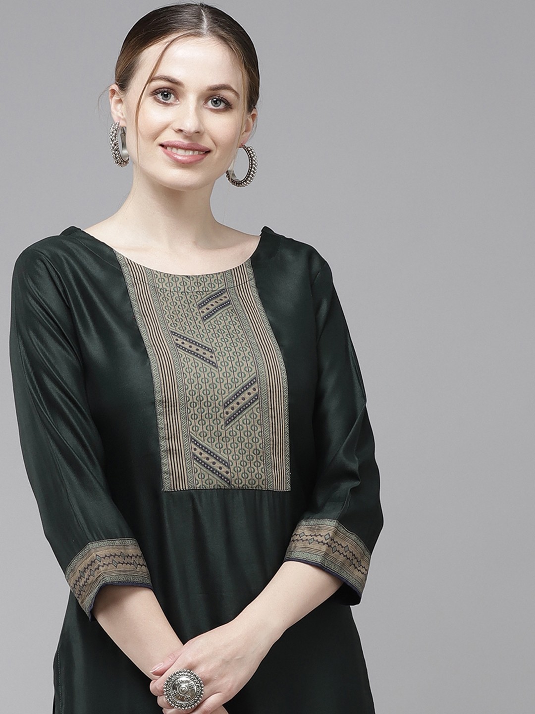 

Indo Era Women Green Yoke Design Regular Pure Cotton Kurta with Palazzos