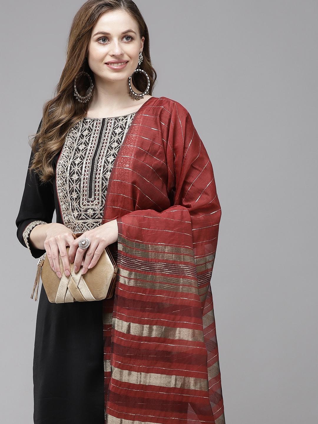 

Indo Era Women Black Embroidered Regular Liva Kurta with Trousers & With Dupatta