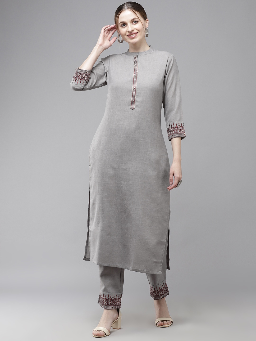 

Indo Era Women Grey Embroidered Regular Pure Cotton Kurta with Trousers