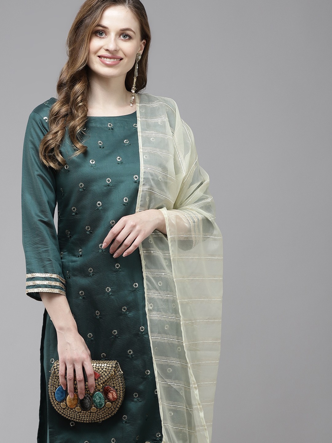 

Indo Era Women Teal Blue Embroidered Pure Cotton Kurta with Trousers & With Dupatta