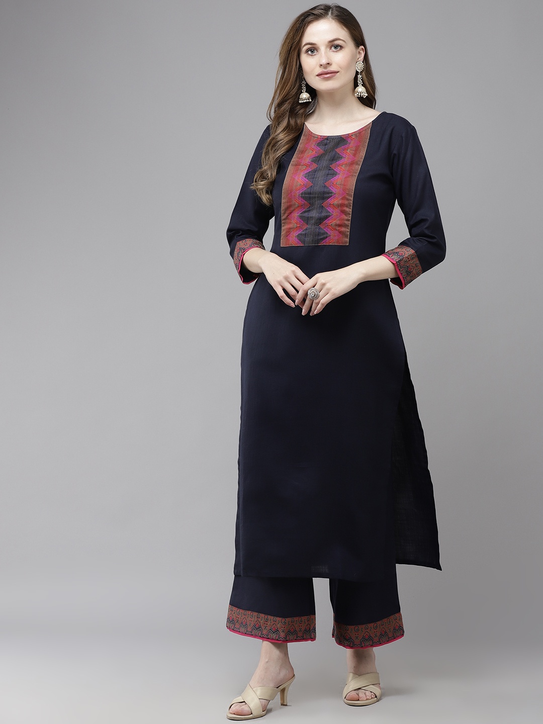 

Indo Era Women Navy Blue Printed Regular Kurta with Palazzos