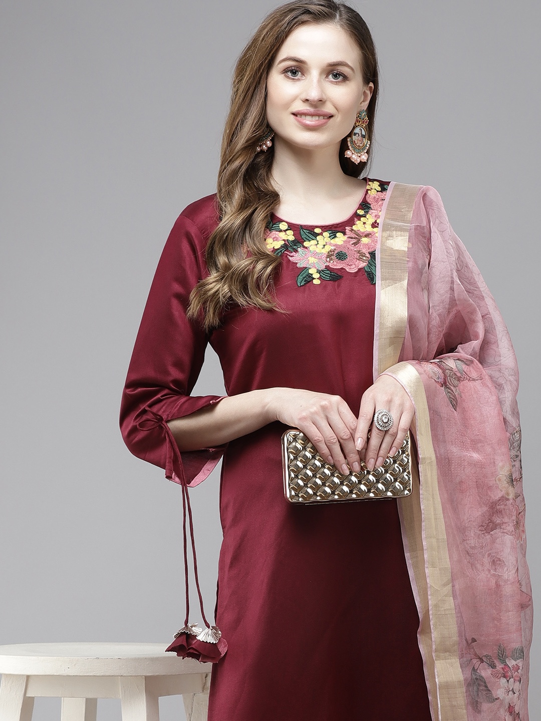 

Indo Era Women Maroon Floral Regular Liva Kurta with Trousers & With Dupatta