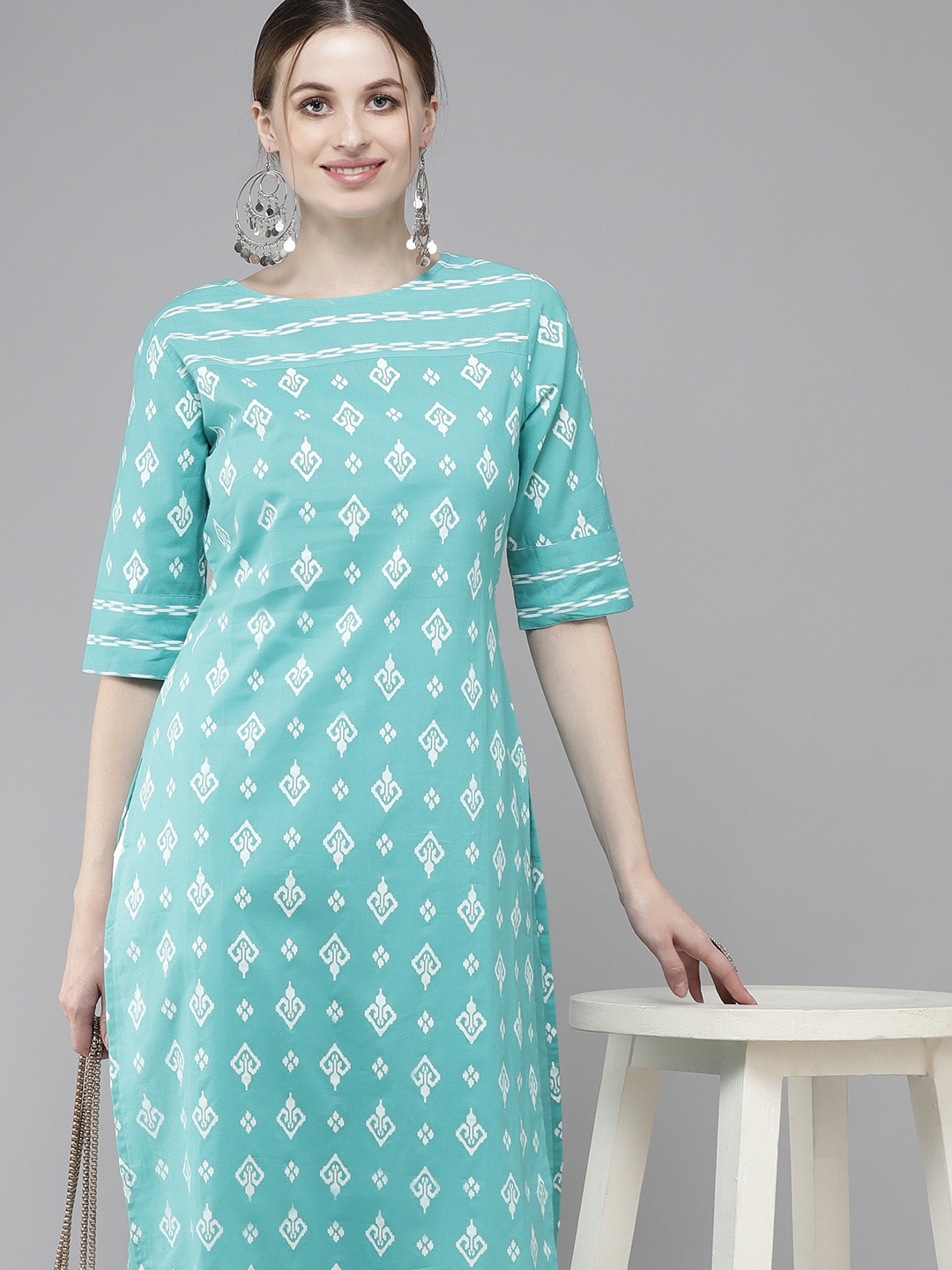 

Indo Era Women Blue & White Printed Kurta