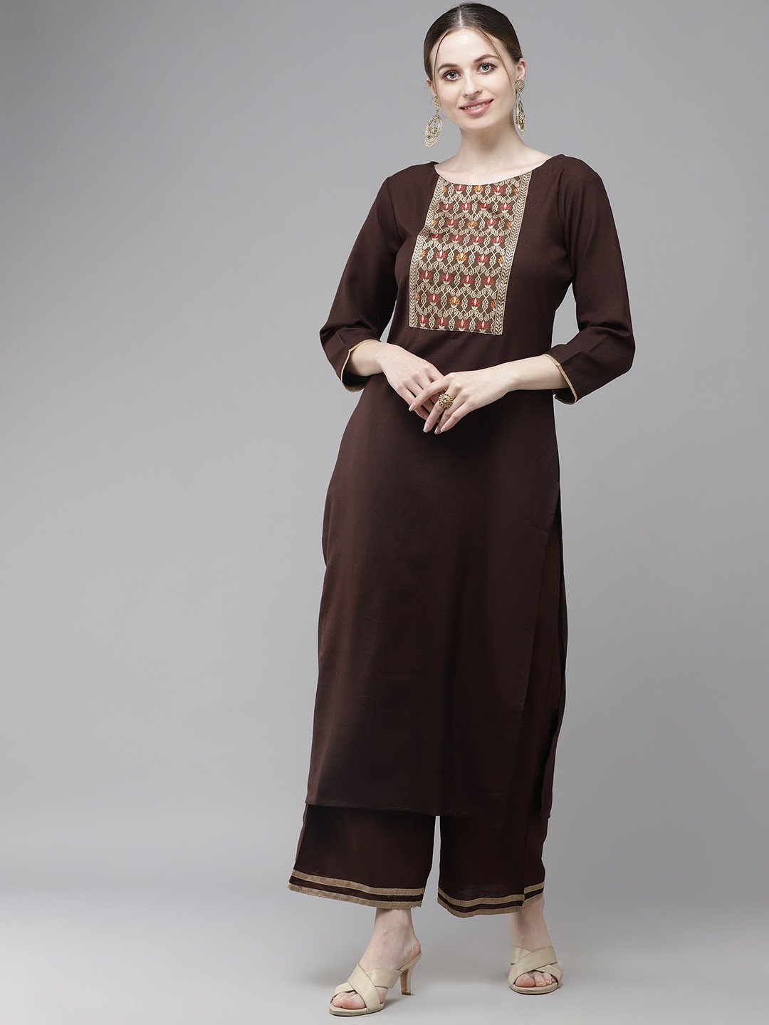 

Indo Era Women Brown Yoke Design Regular Pure Cotton Kurta with Palazzos