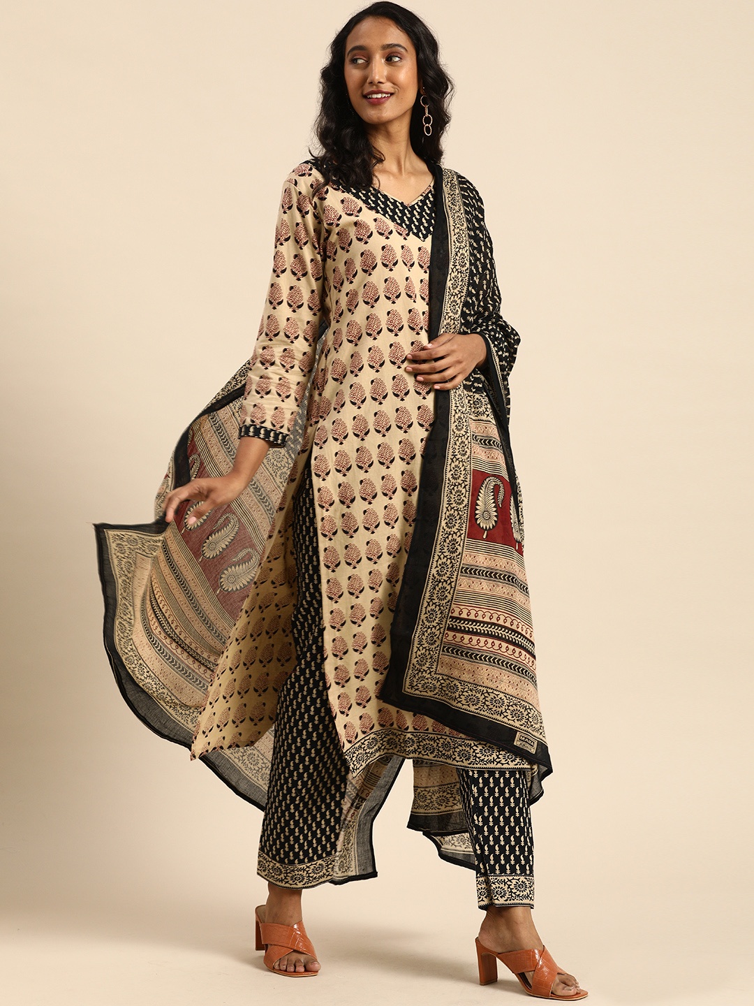 

Rajnandini Beige & Black Printed Pure Cambric Cotton Unstitched Dress Material