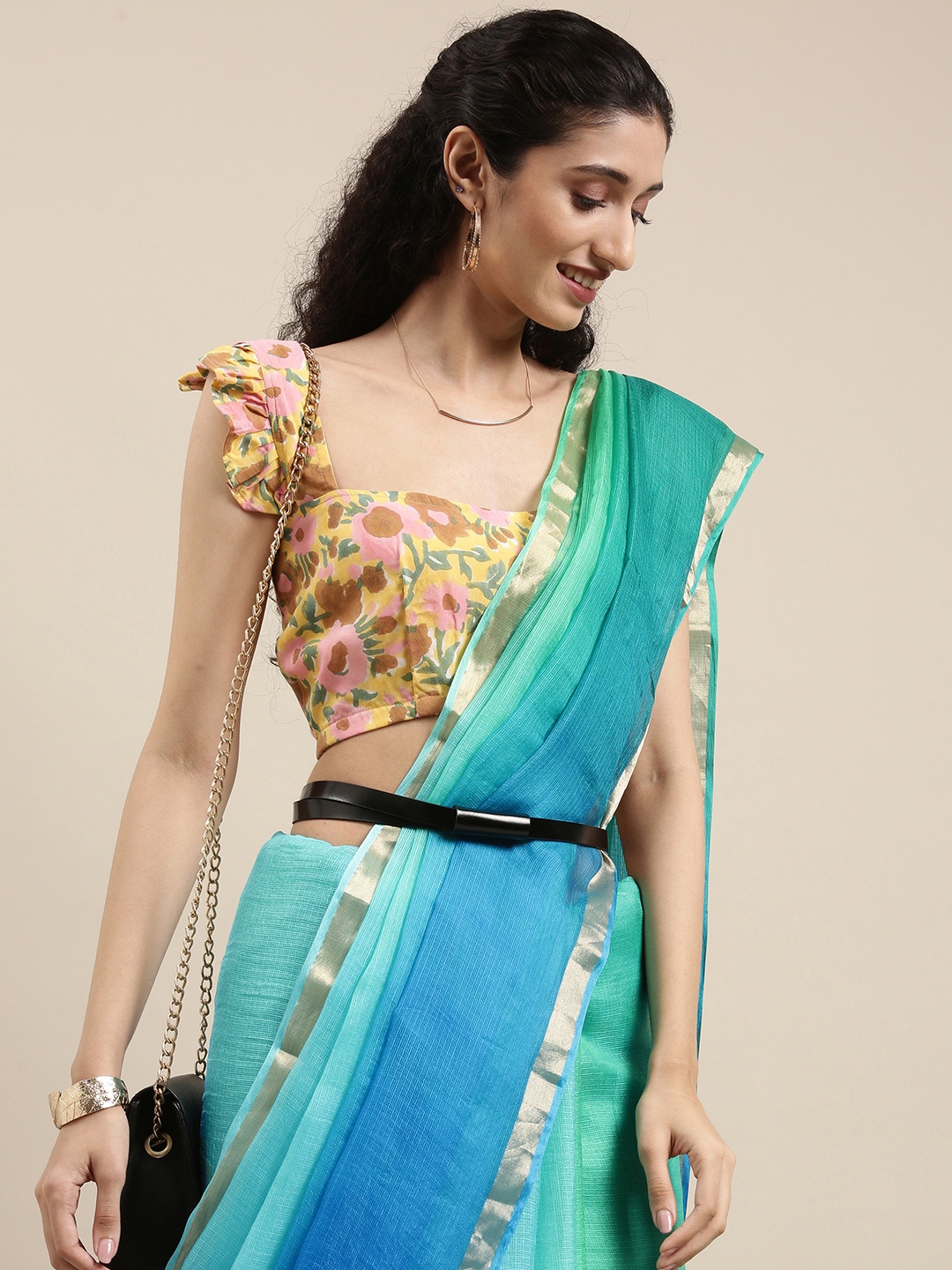

Geroo Jaipur Ombre Handcrafted Pure Kota Silk Saree, Blue
