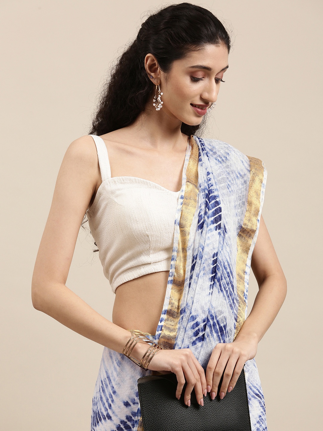 

Geroo Jaipur Black & White Bandhani Zari Art Silk Kota Saree