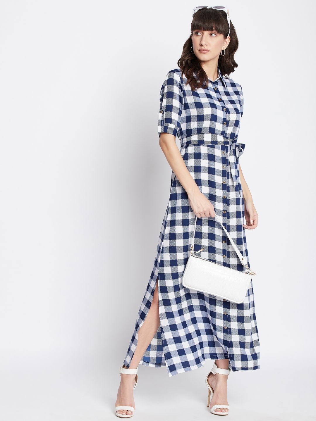

Uptownie Lite Blue Checked Crepe Button Down Shirt Maxi Dress