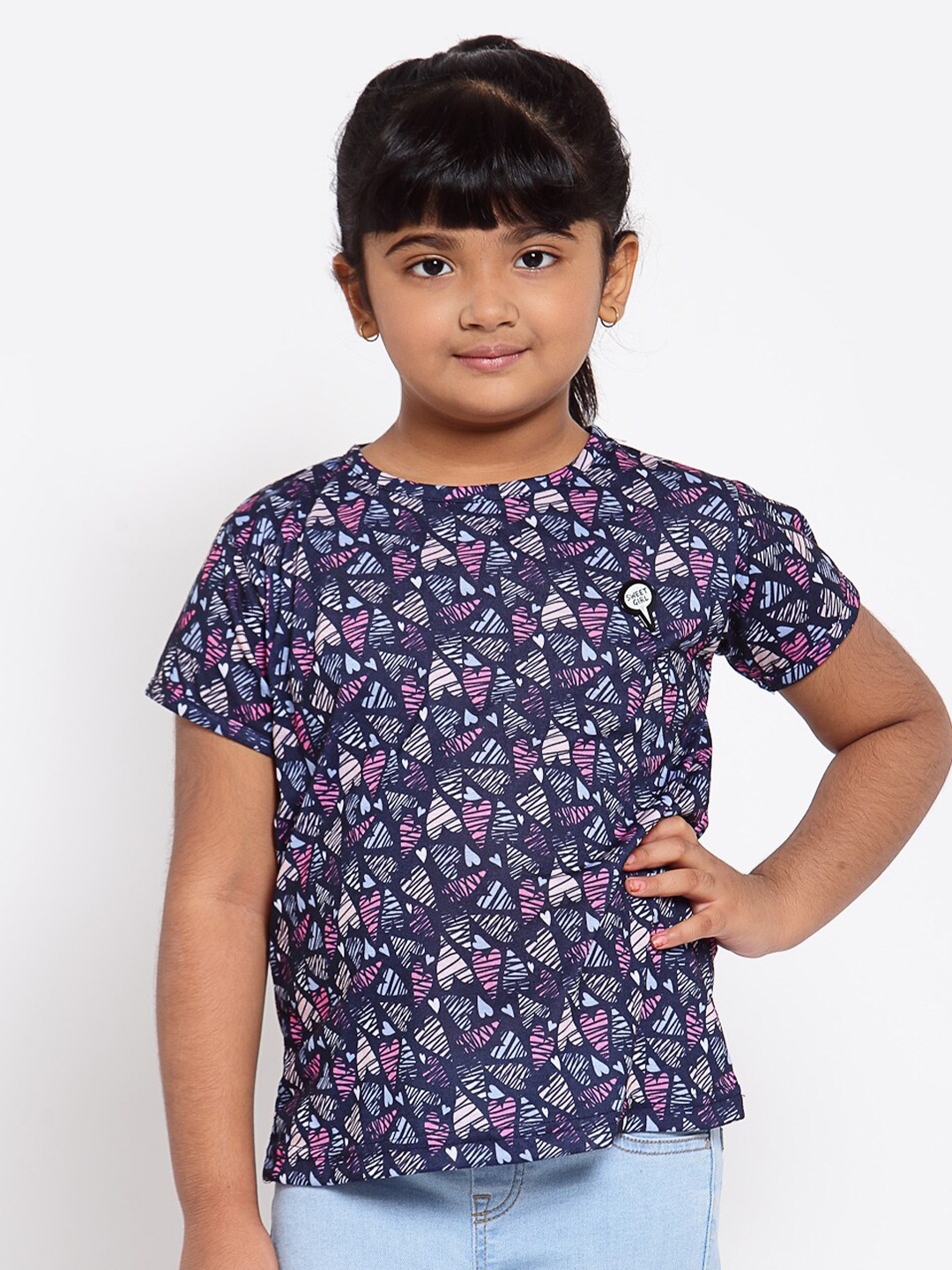 

NYNSH Girls Navy Blue & Purple Printed Cotton T-shirt
