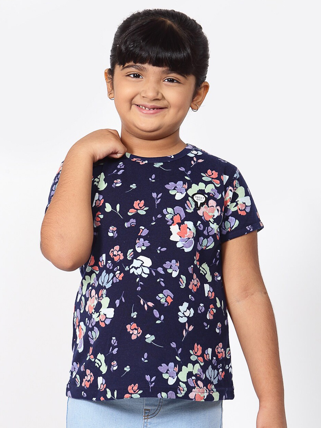 

NYNSH Girls Navy Blue Floral Printed Polo Collar Applique T-shirt
