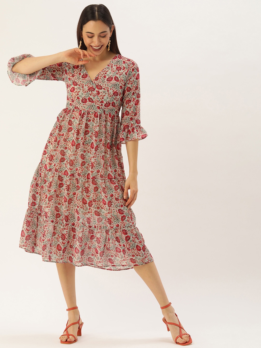 

MELOSO Beige & Red Floral Georgette Midi Dress