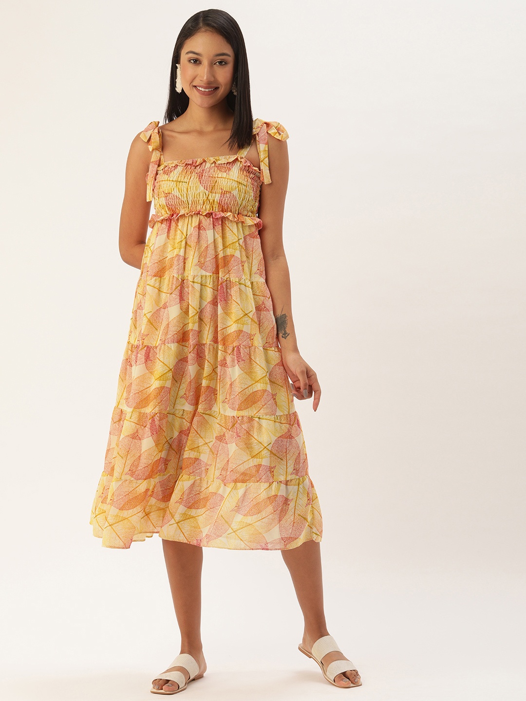 

MELOSO Yellow & Orange Tropical Georgette A-Line Midi Dress