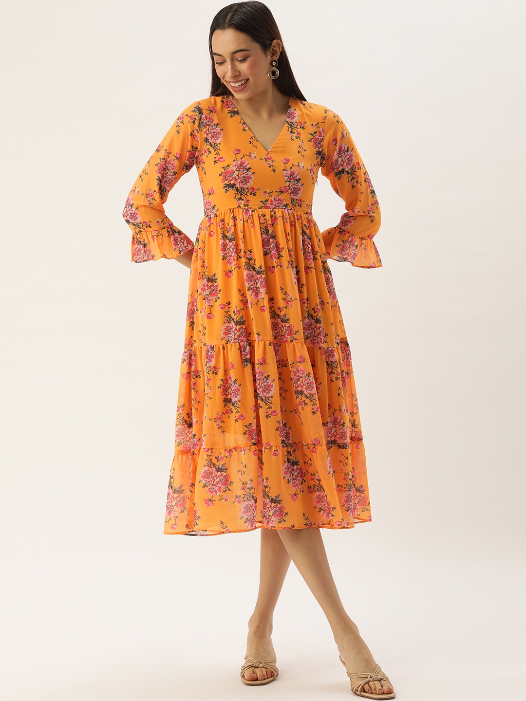 

MELOSO Mustard Yellow & Pink Floral Georgette Midi Dress