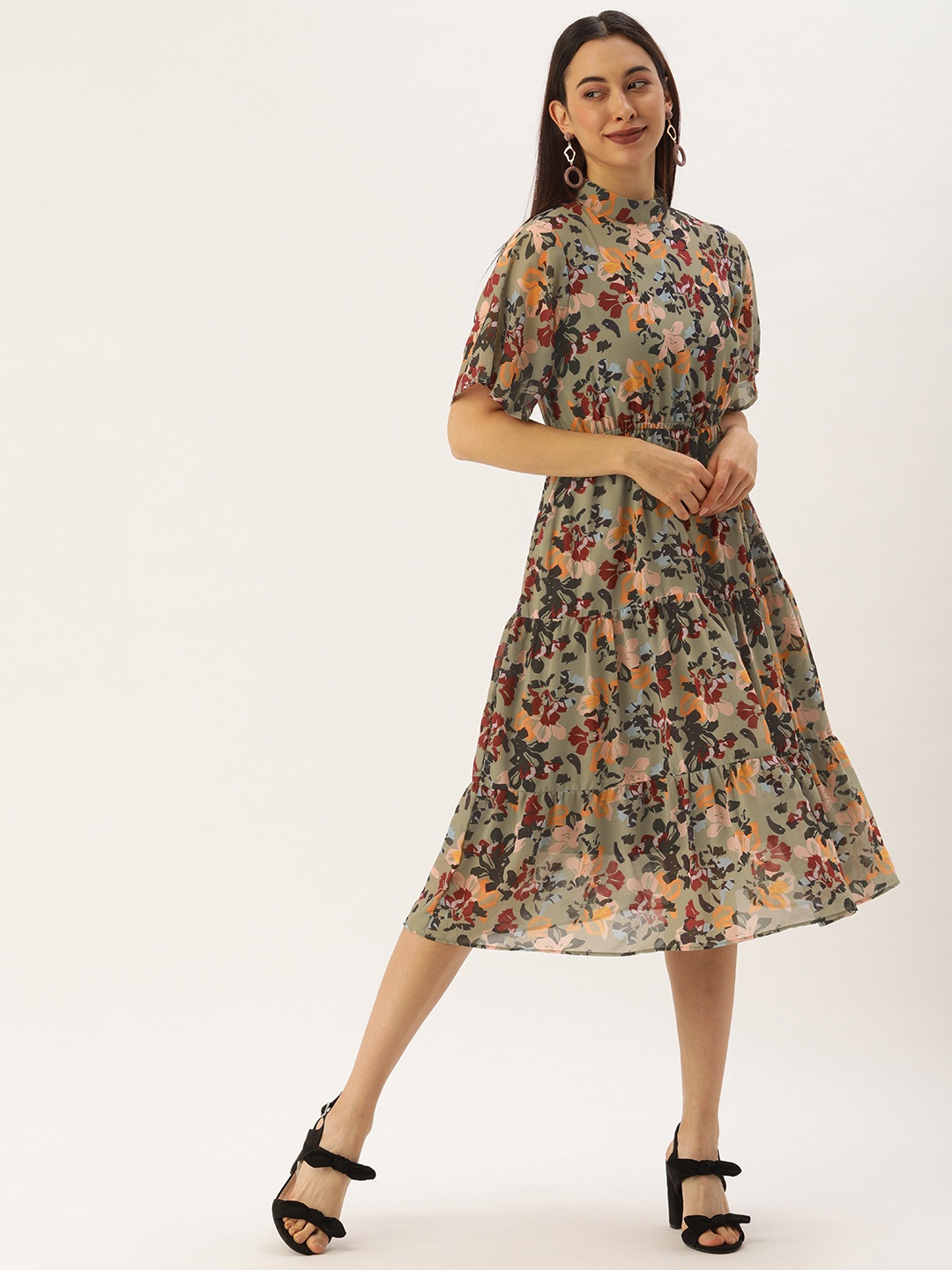 

MELOSO Khaki & Pink Floral Georgette Midi Dress